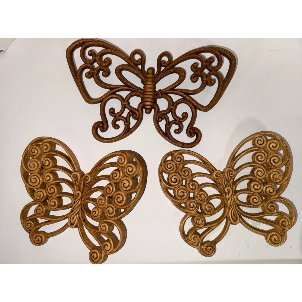 Vintage Burwood Products Butterfly Wall Decor Set 3 Mid Century Faux Wood 1970s